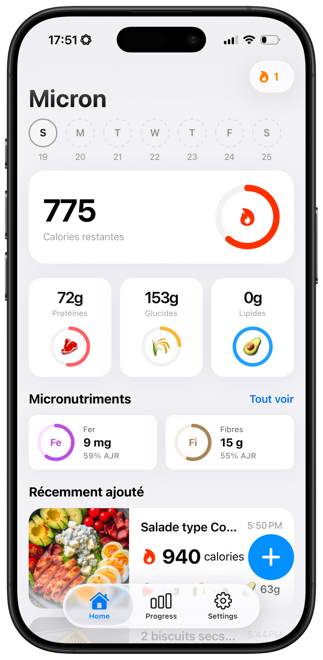 Écran d’accueil de l’app Micron présentant le suivi quotidien