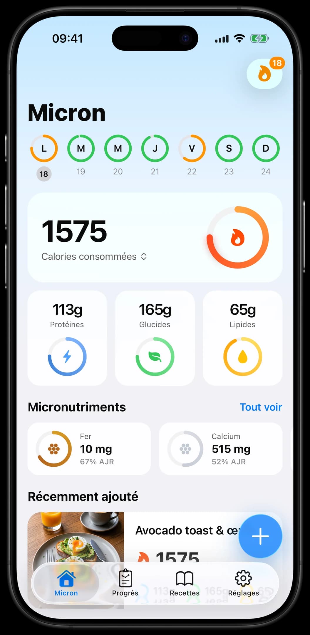 Écran d'accueil de l'app Micron présentant le suivi quotidien