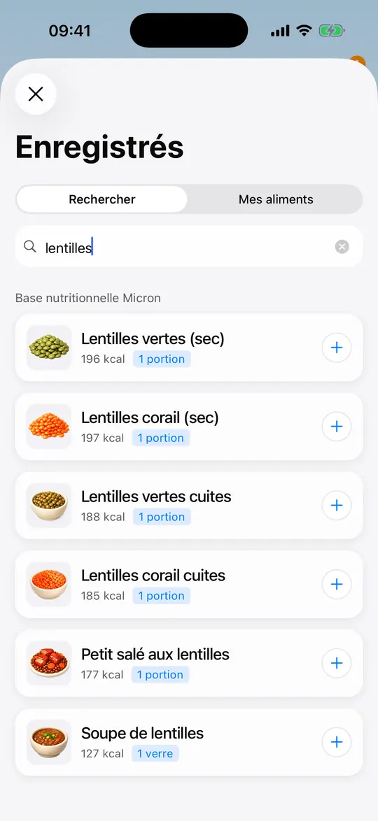 L'app Micron, écran « Une vraie base d'aliments »